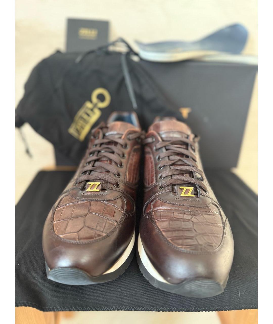 ZILLI Коричневые низкие кроссовки / кеды из экзотической кожи, фото 2