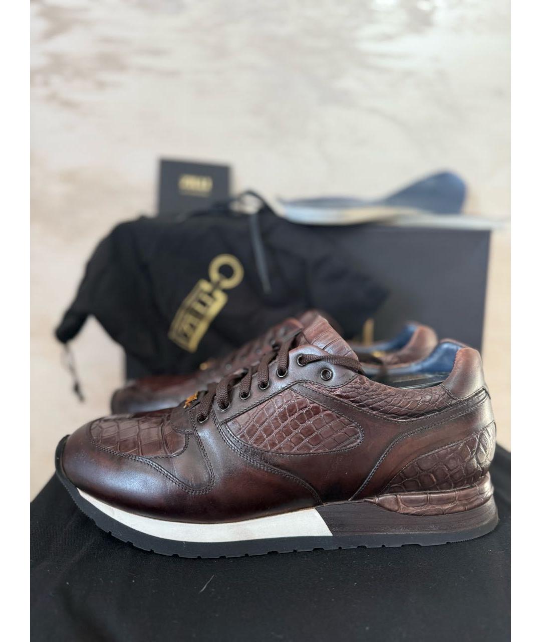 ZILLI Коричневые низкие кроссовки / кеды из экзотической кожи, фото 9