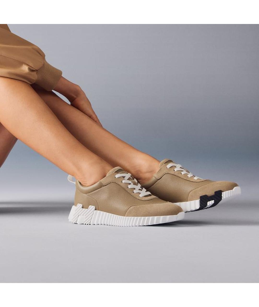 HERMES Бежевые кожаные кроссовки, фото 3