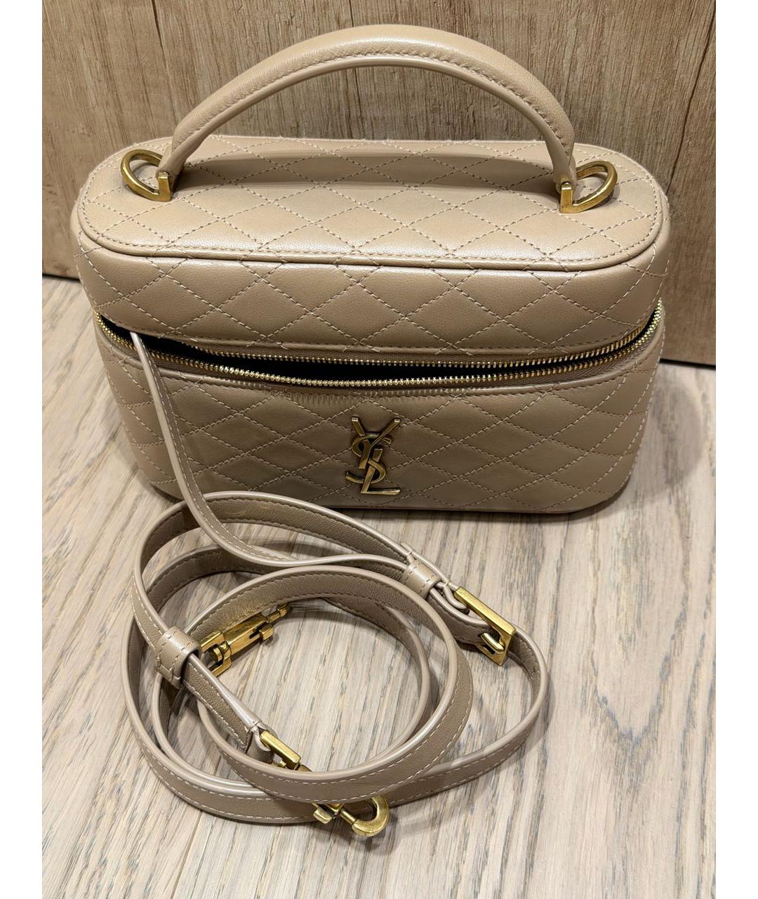 SAINT LAURENT Бежевая кожаная сумка с короткими ручками, фото 7