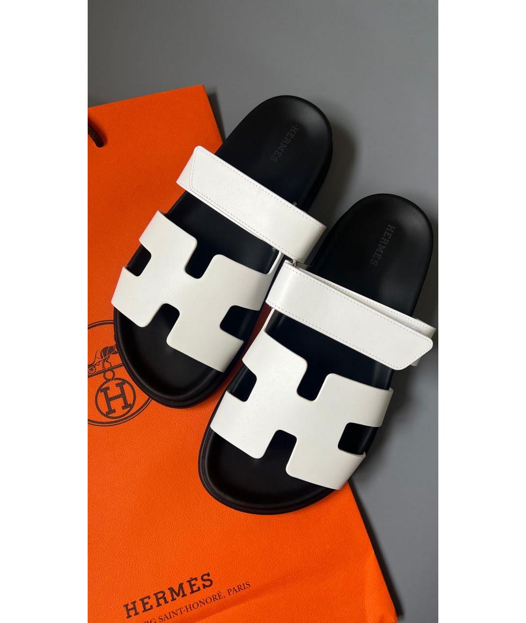 HERMES Белые кожаные шлепанцы, фото 3