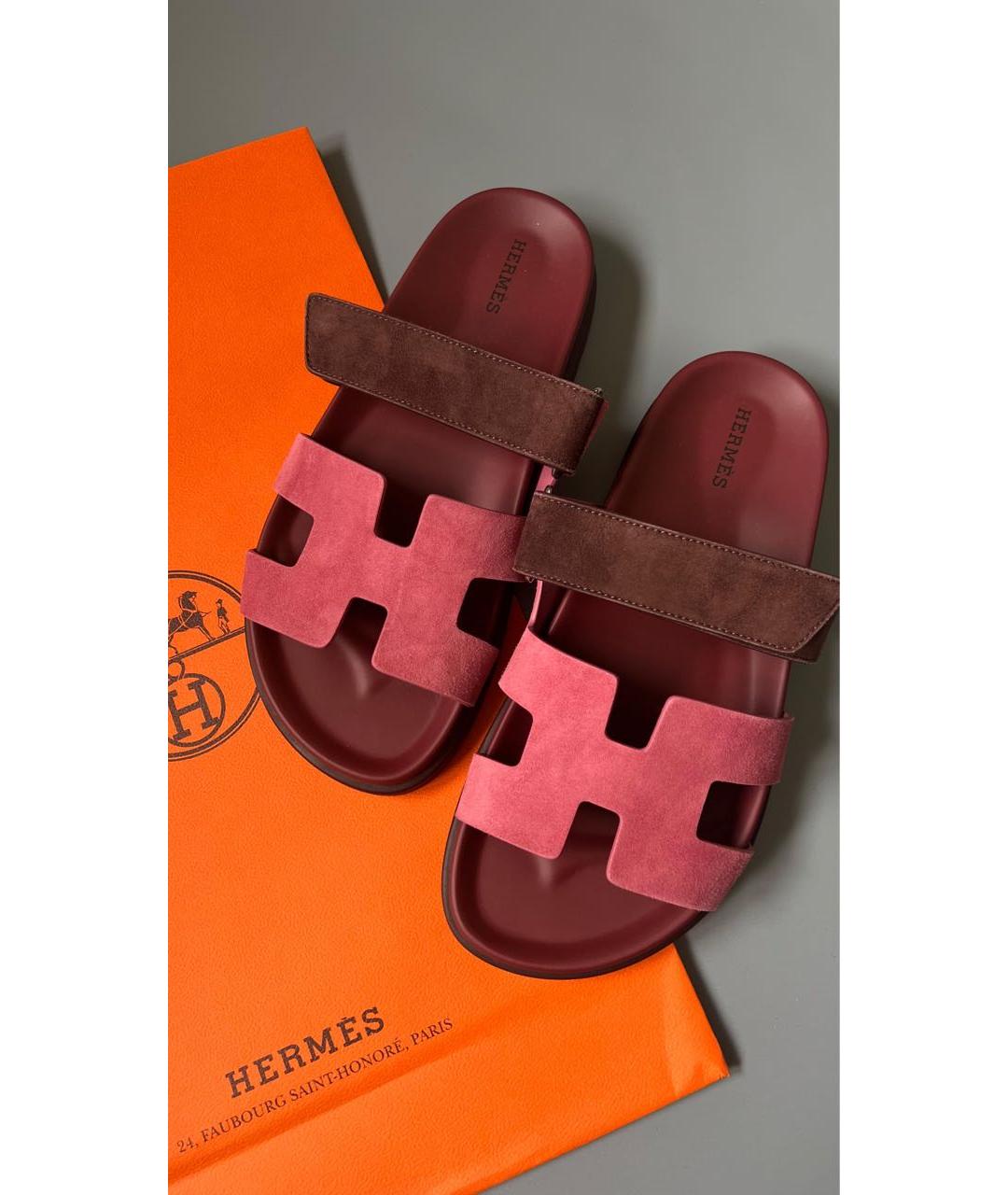 HERMES Бордовые замшевые шлепанцы, фото 2