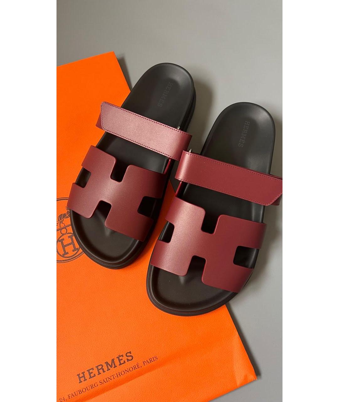 HERMES Бордовые кожаные шлепанцы, фото 2