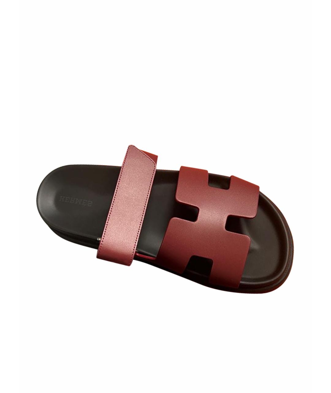 HERMES Бордовые кожаные шлепанцы, фото 1