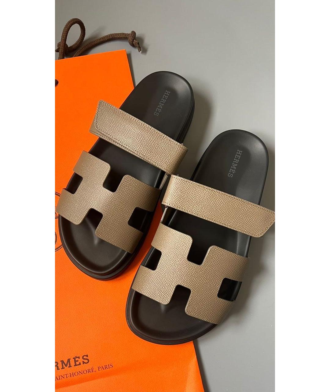HERMES Бежевые кожаные шлепанцы, фото 3