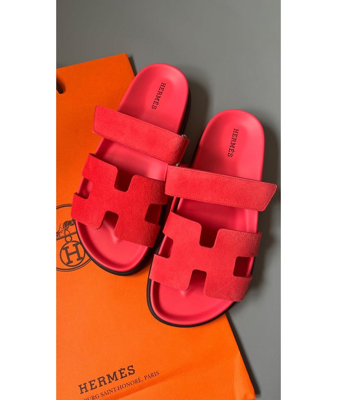 HERMES Коралловые замшевые шлепанцы, фото 3