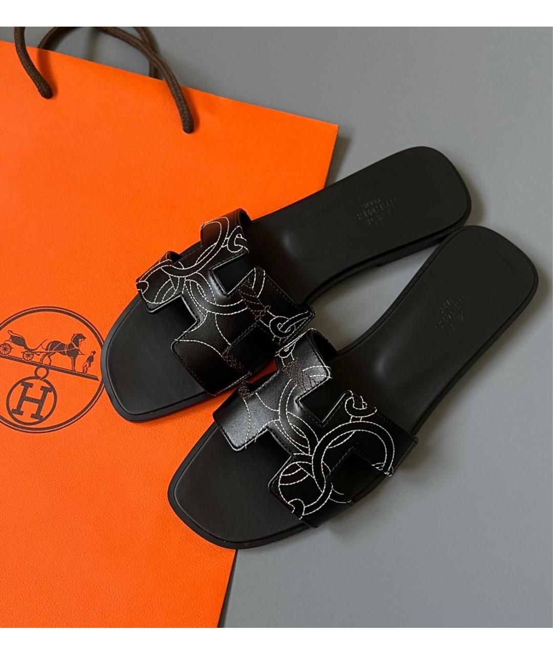 HERMES Черные кожаные шлепанцы, фото 2