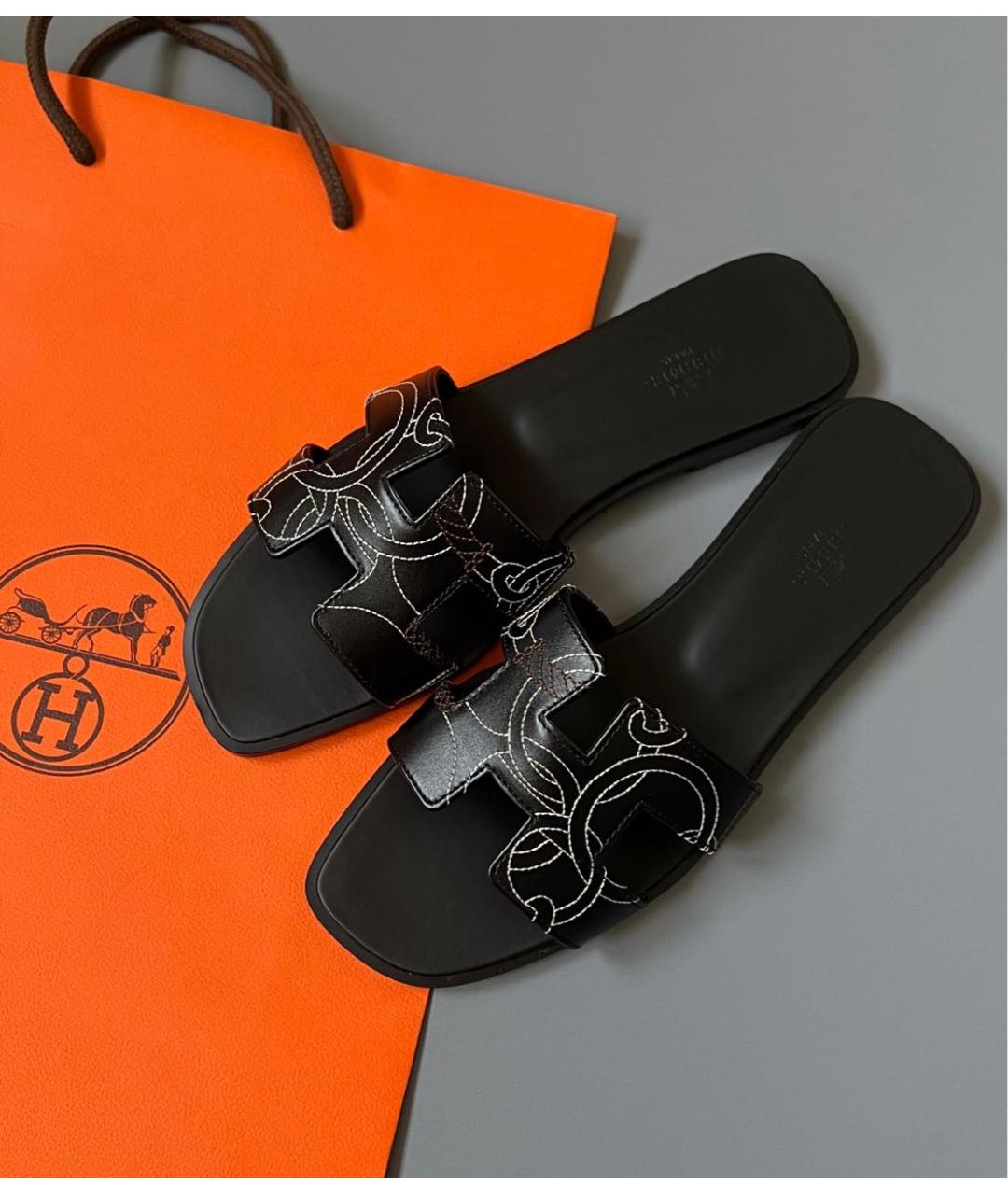 HERMES Черные кожаные шлепанцы, фото 3
