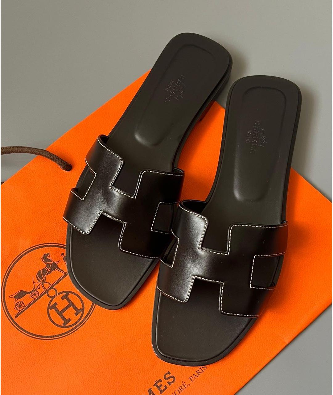 HERMES Черные кожаные шлепанцы, фото 3