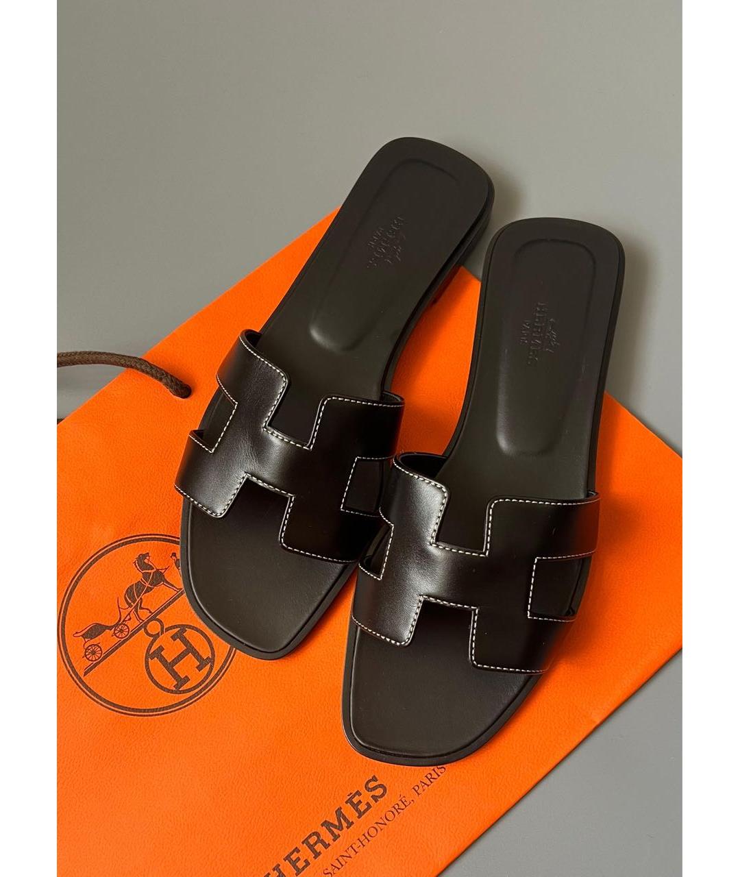 HERMES Черные кожаные шлепанцы, фото 2