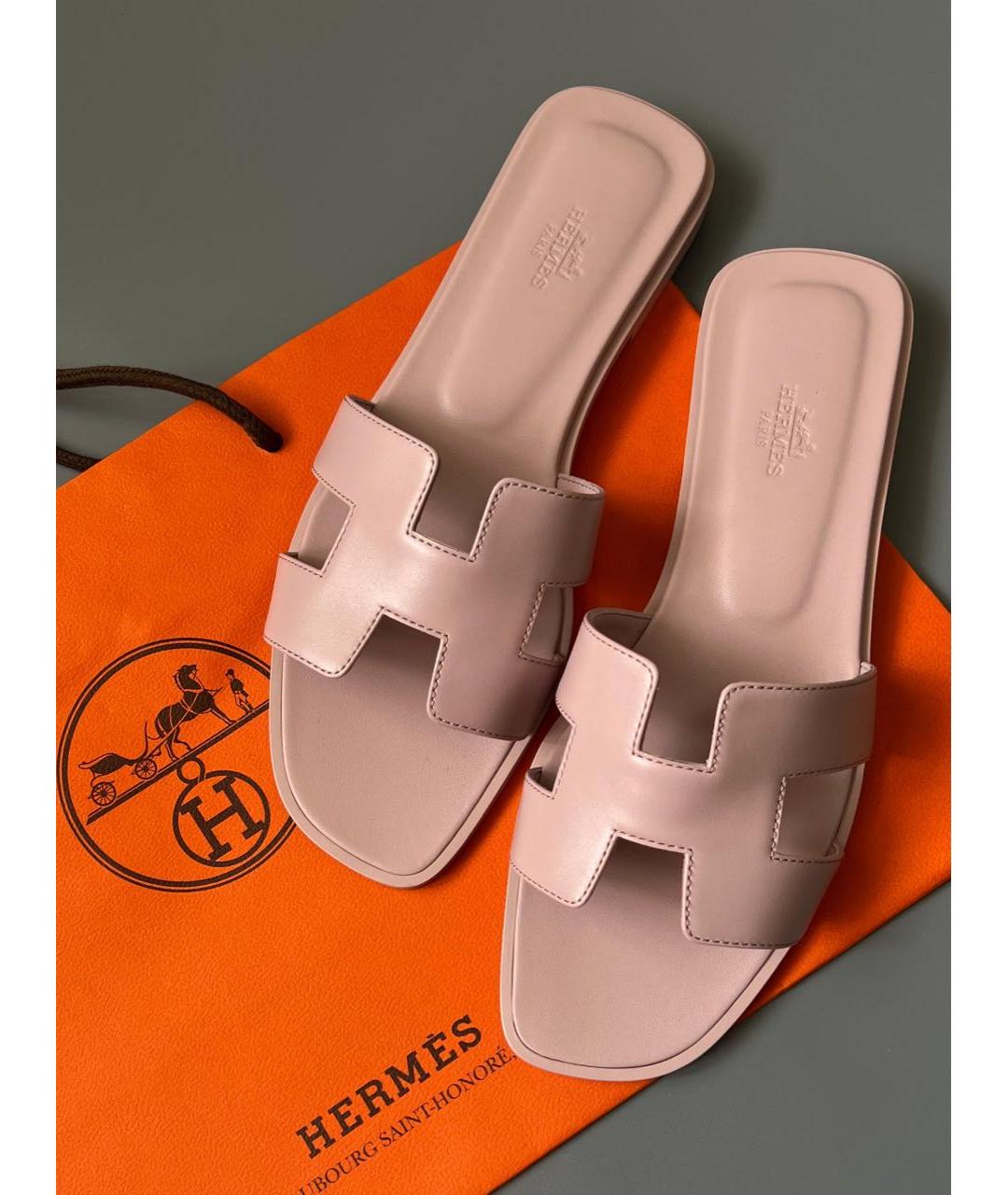 HERMES Розовые кожаные шлепанцы, фото 2