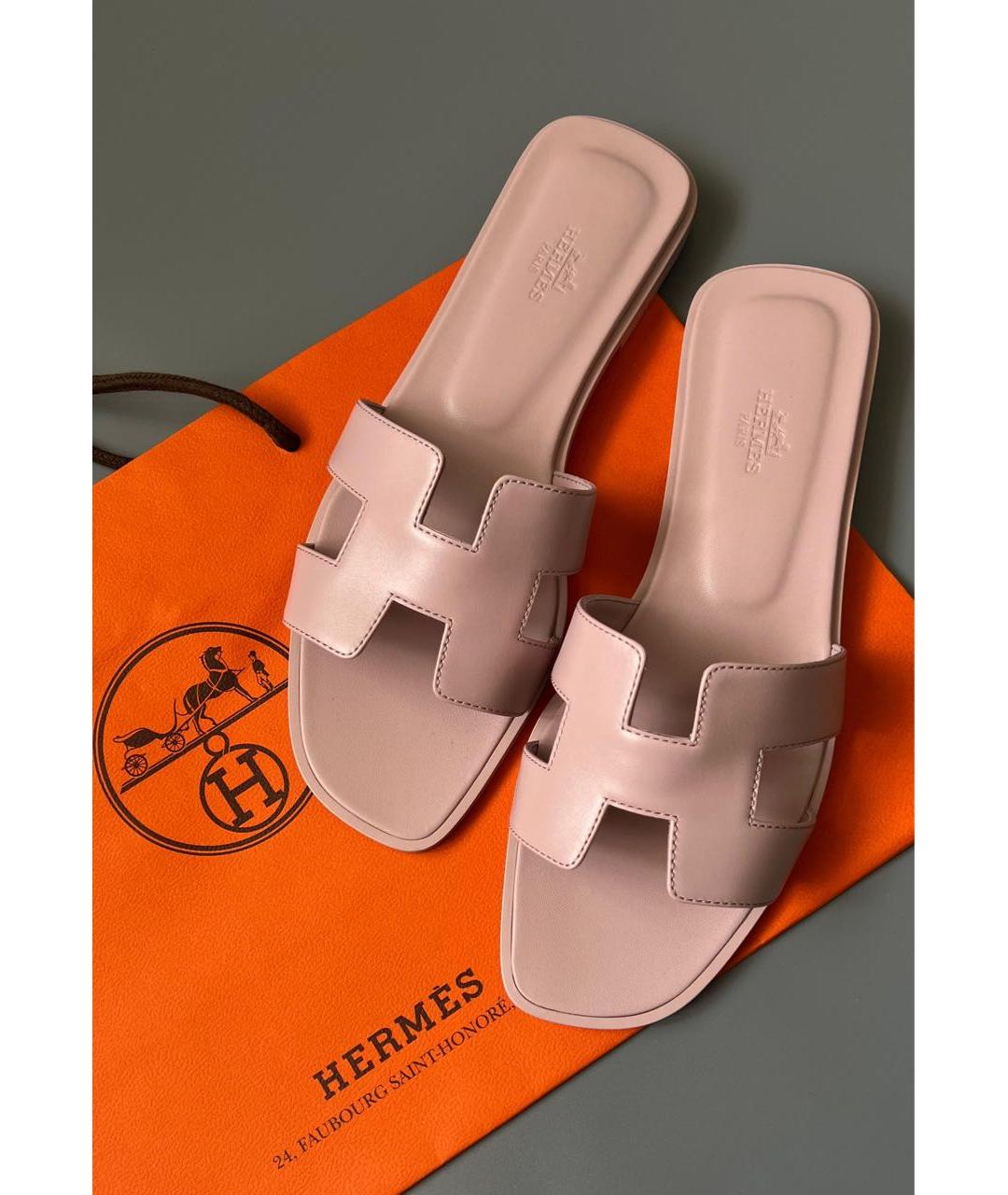 HERMES Розовые кожаные шлепанцы, фото 3