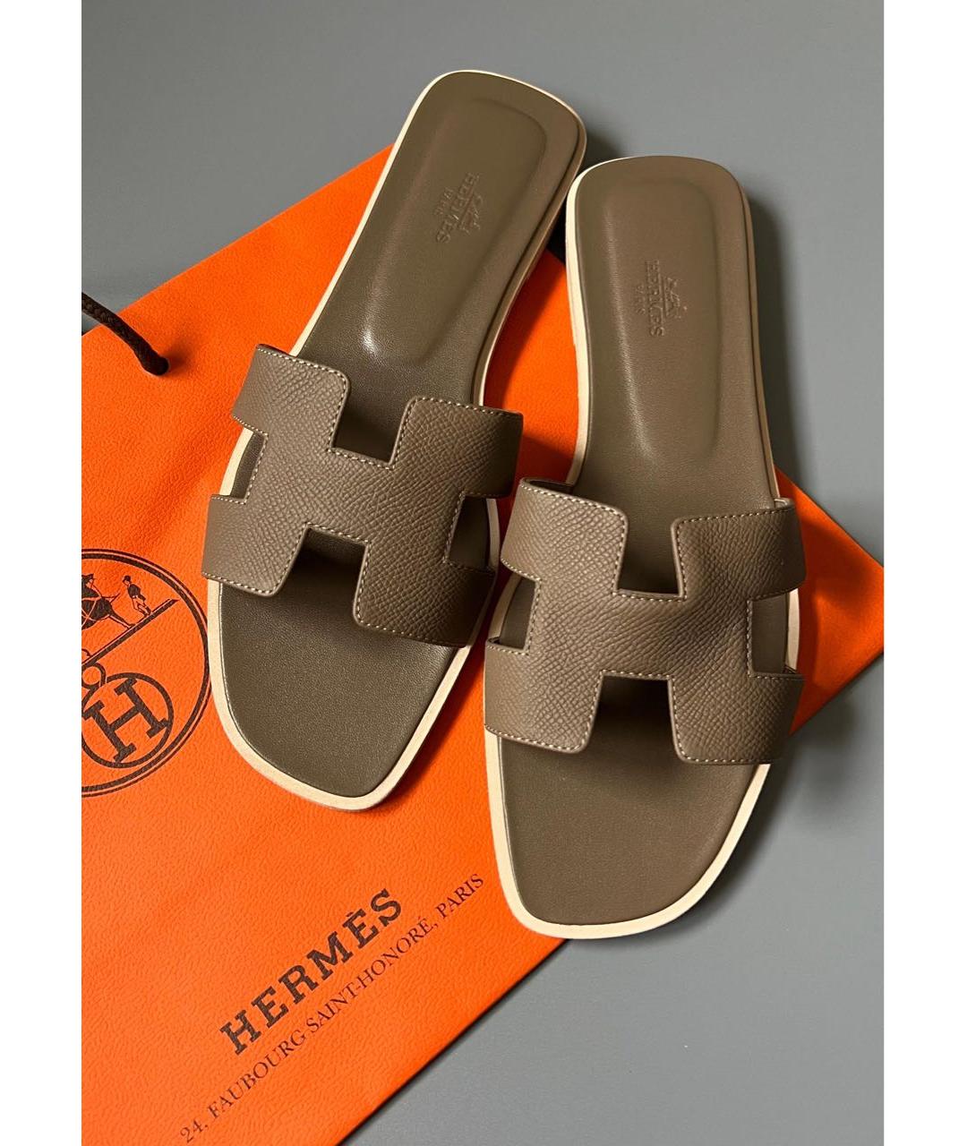 HERMES Коричневые кожаные шлепанцы, фото 3