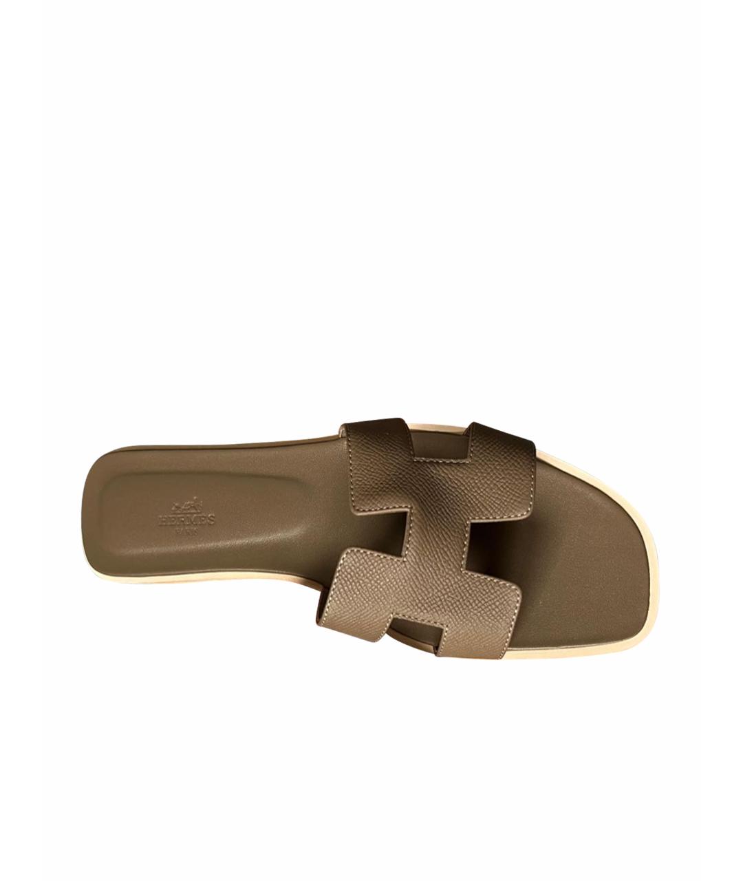 HERMES Коричневые кожаные шлепанцы, фото 1