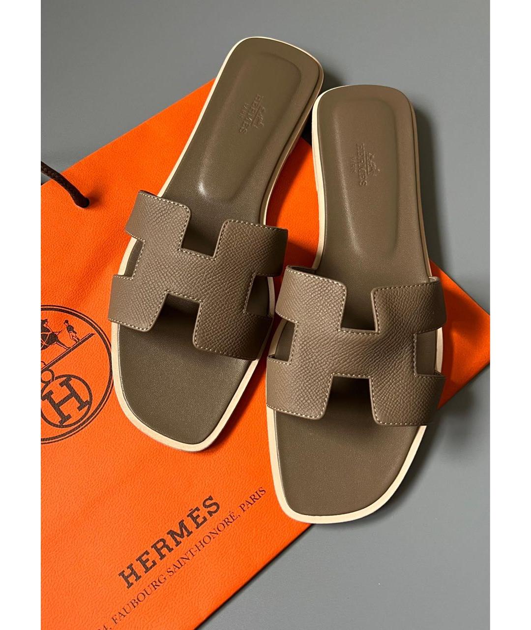 HERMES Коричневые кожаные шлепанцы, фото 2
