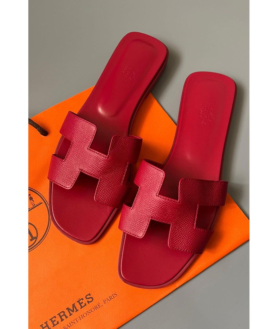HERMES Красные кожаные шлепанцы, фото 3