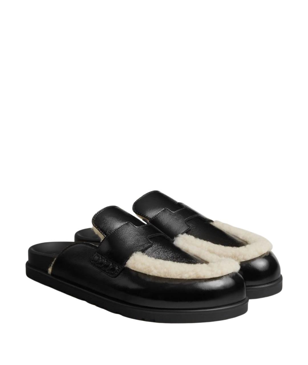 HERMES Черные кожаные мюли, фото 1