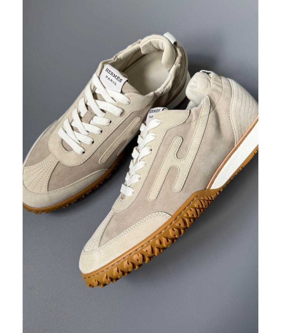 HERMES Бежевые кожаные кроссовки, фото 3