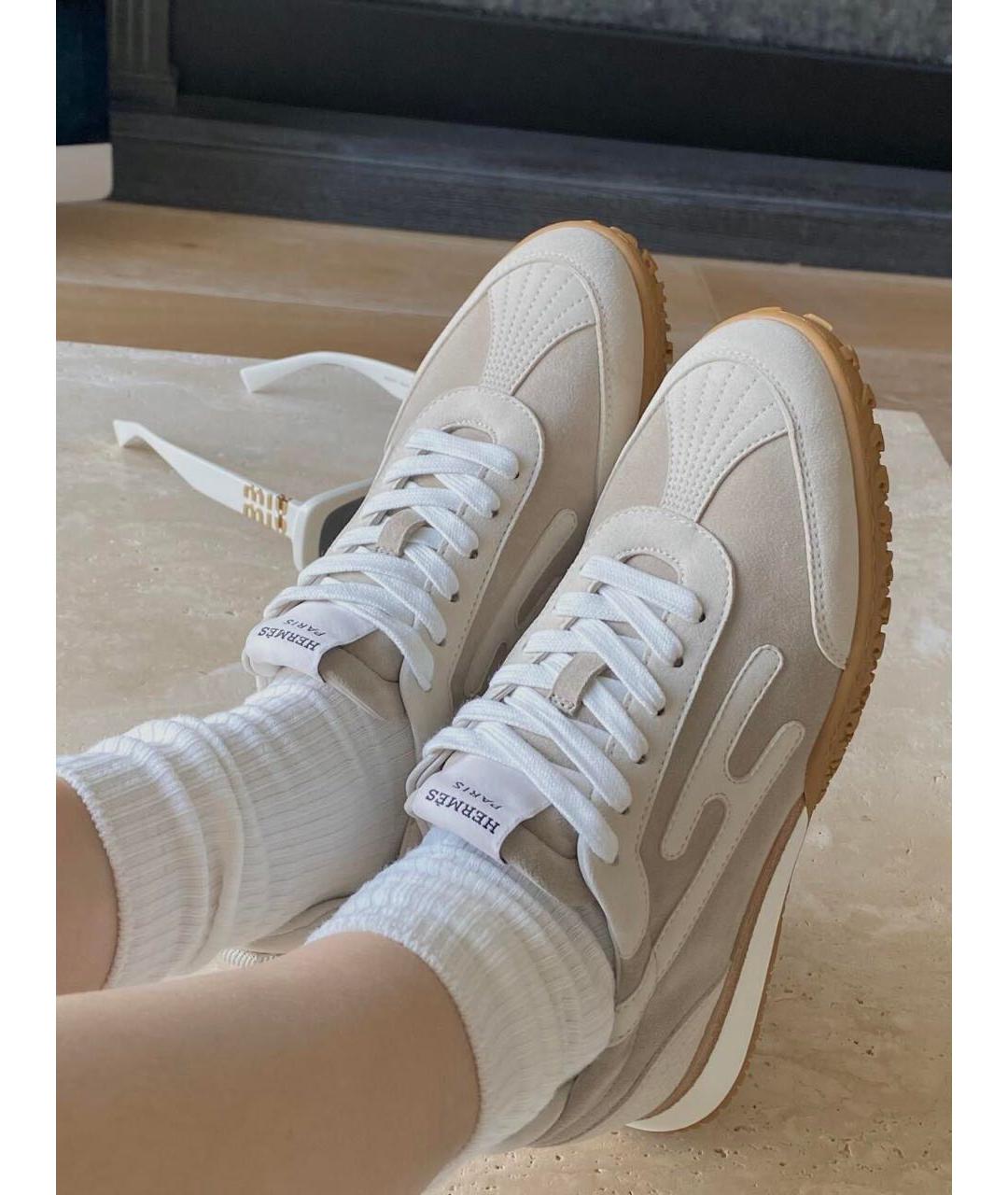 HERMES Бежевые кожаные кроссовки, фото 2