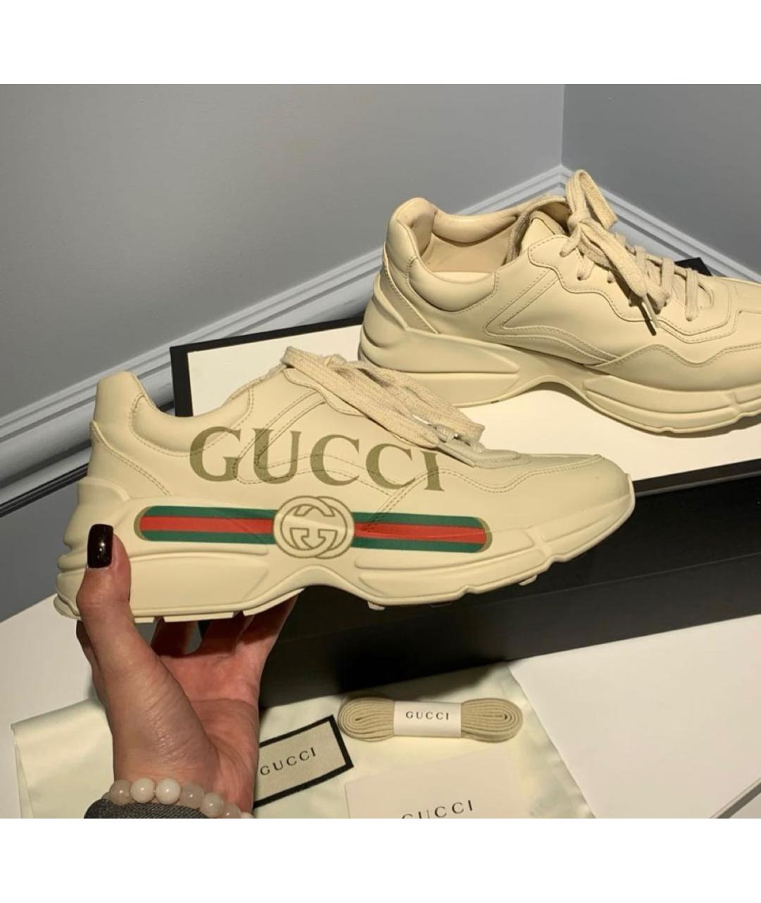 GUCCI Бежевые кожаные кроссовки, фото 5