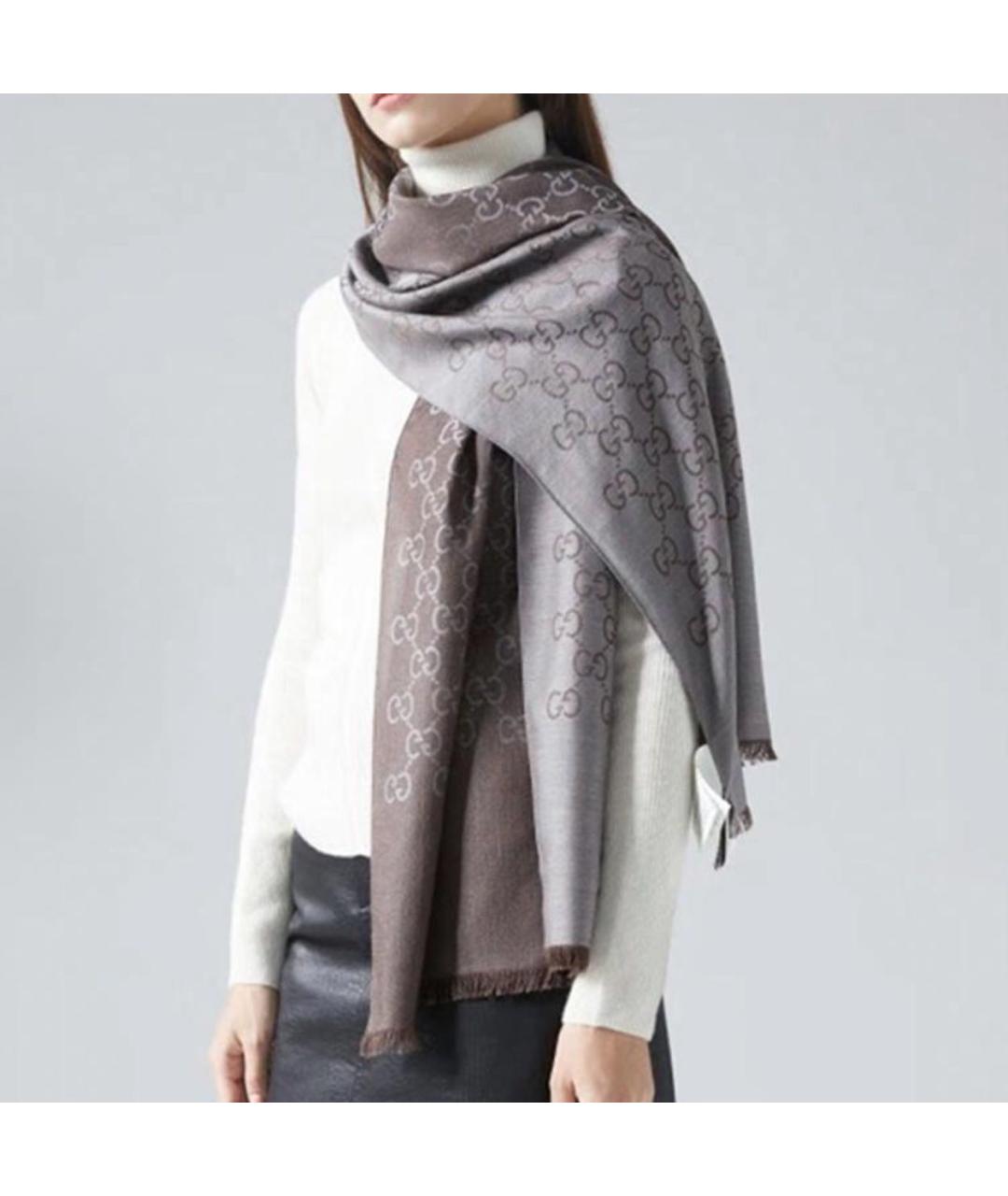 GUCCI Коричневый шерстяной шарф, фото 4