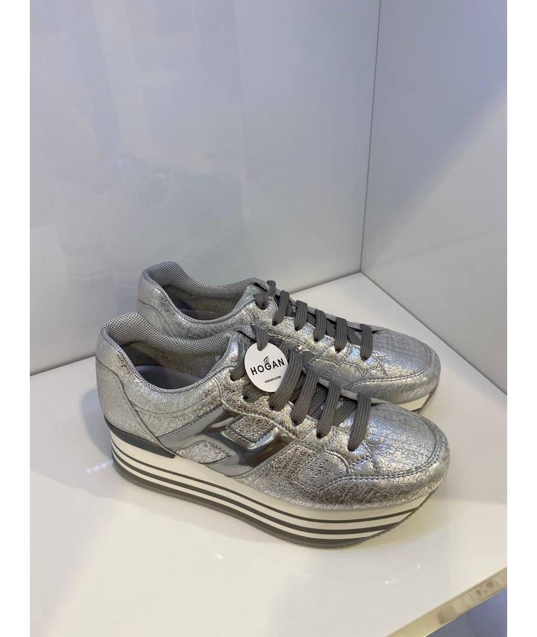 HOGAN Серебряные кожаные кроссовки, фото 2