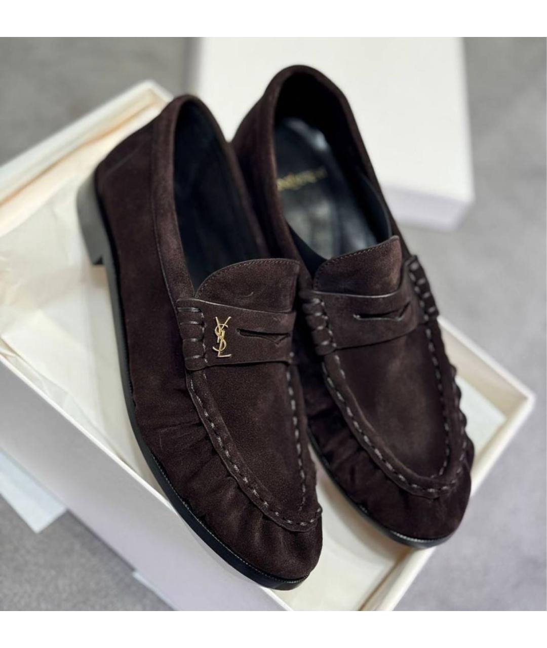 SAINT LAURENT Коричневые замшевые лоферы, фото 2