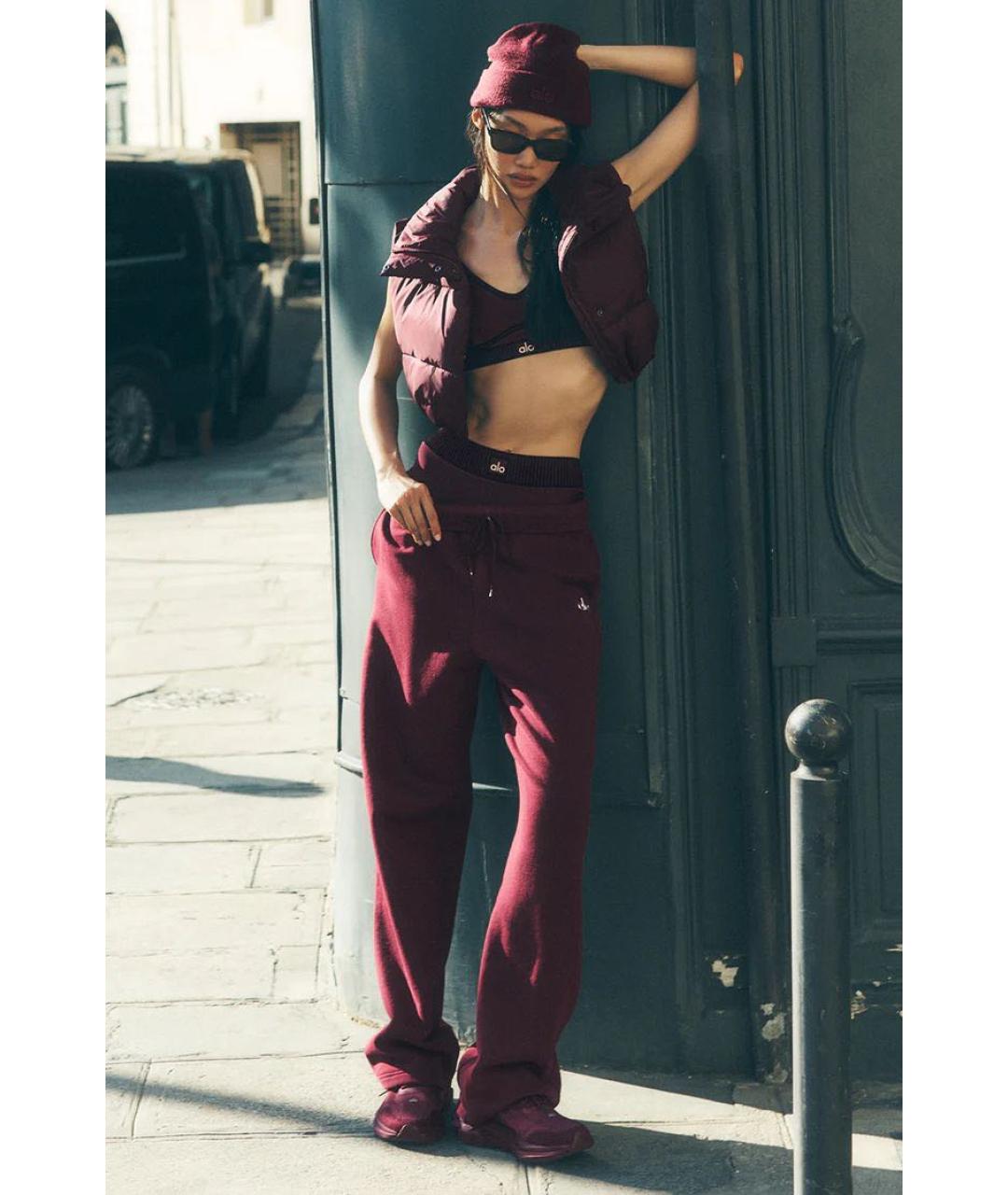 ALO YOGA Бордовые хлопковые прямые брюки, фото 2