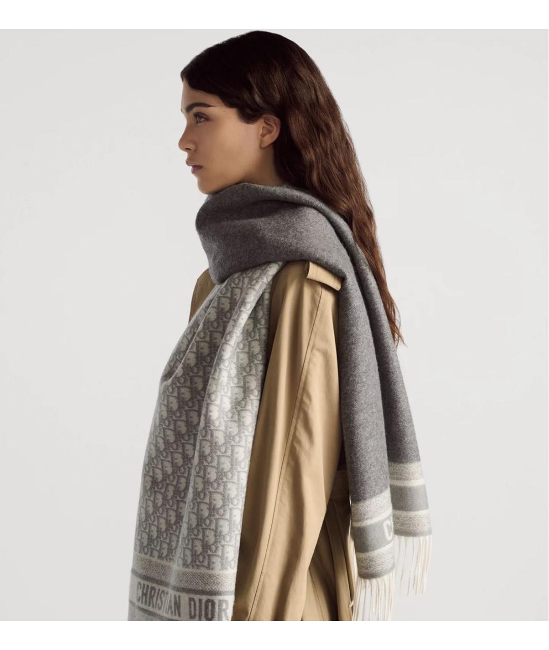 CHRISTIAN DIOR Серый кашемировый шарф, фото 5