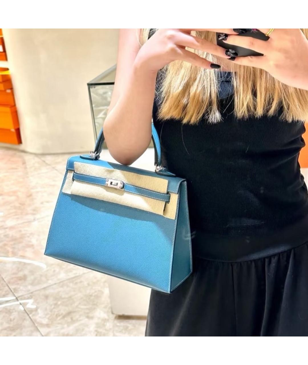 HERMES Голубая кожаная сумка с короткими ручками, фото 7