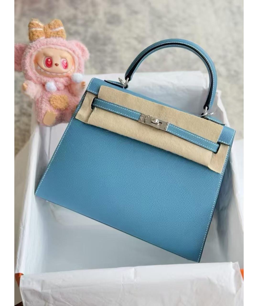 HERMES Голубая кожаная сумка с короткими ручками, фото 2