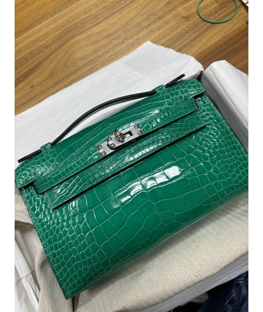 HERMES Зеленая сумка с короткими ручками из экзотической кожи, фото 2