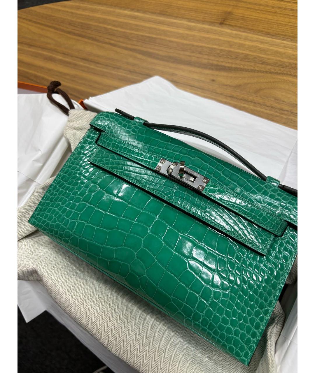 HERMES Зеленая сумка с короткими ручками из экзотической кожи, фото 3