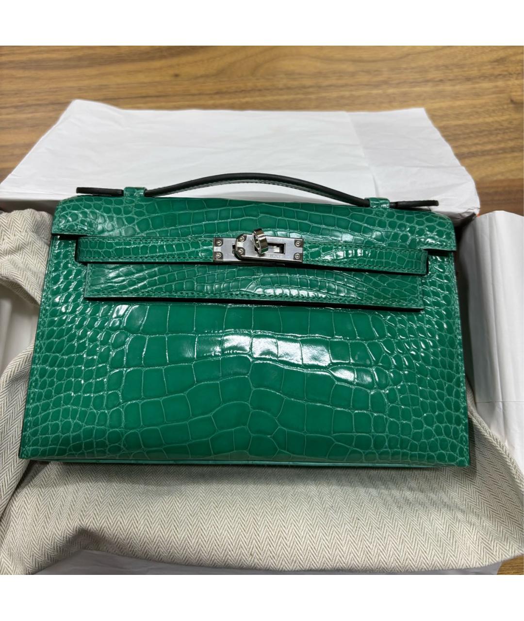 HERMES Зеленая сумка с короткими ручками из экзотической кожи, фото 5