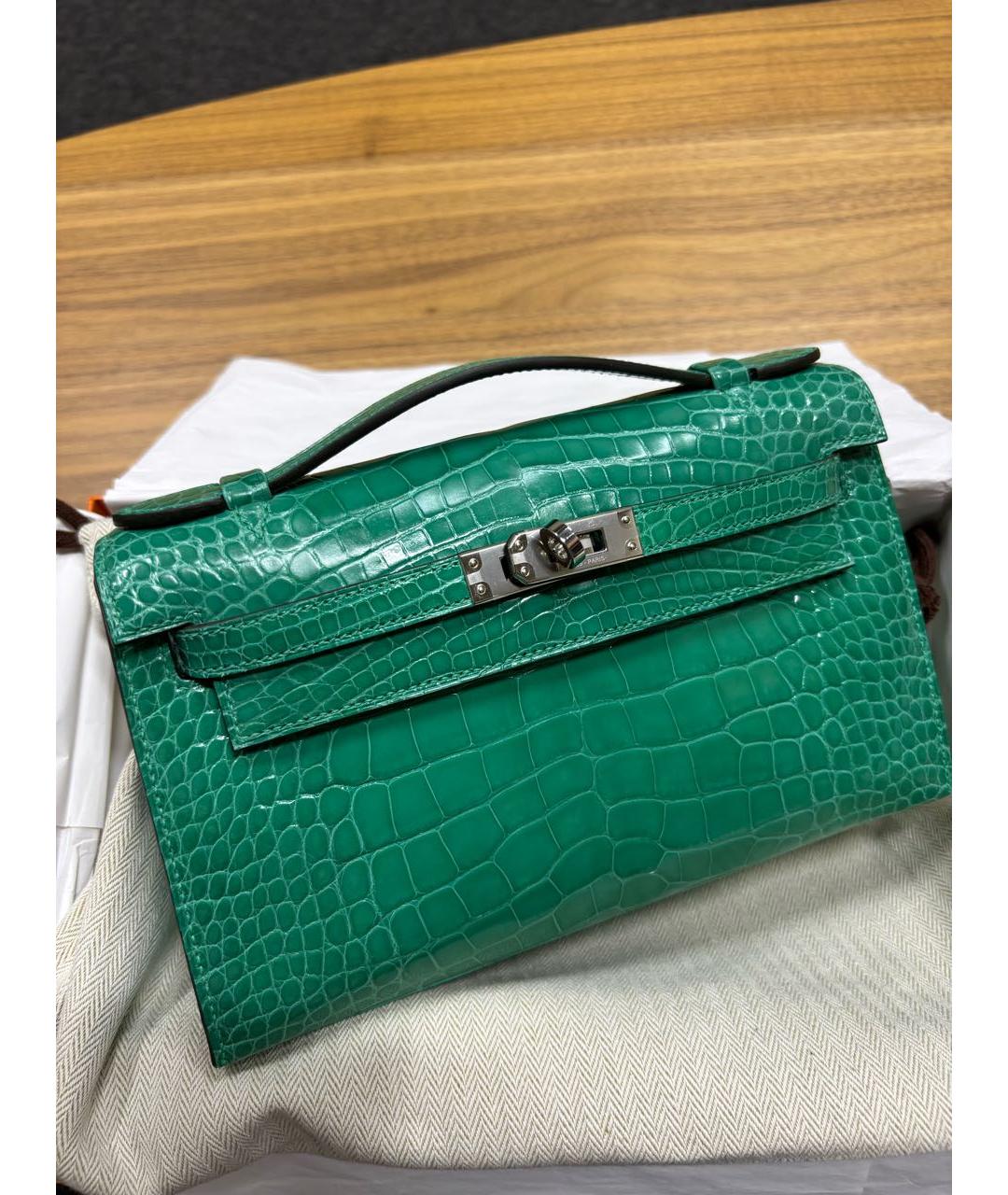 HERMES Зеленая сумка с короткими ручками из экзотической кожи, фото 4