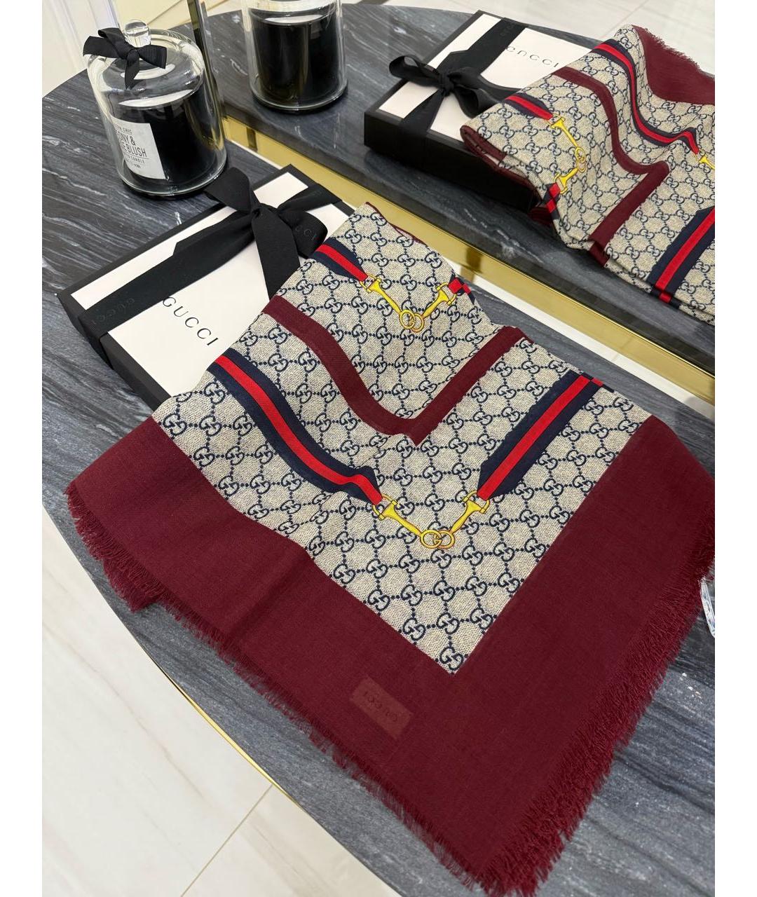 GUCCI Бордовый шерстяной платок, фото 5