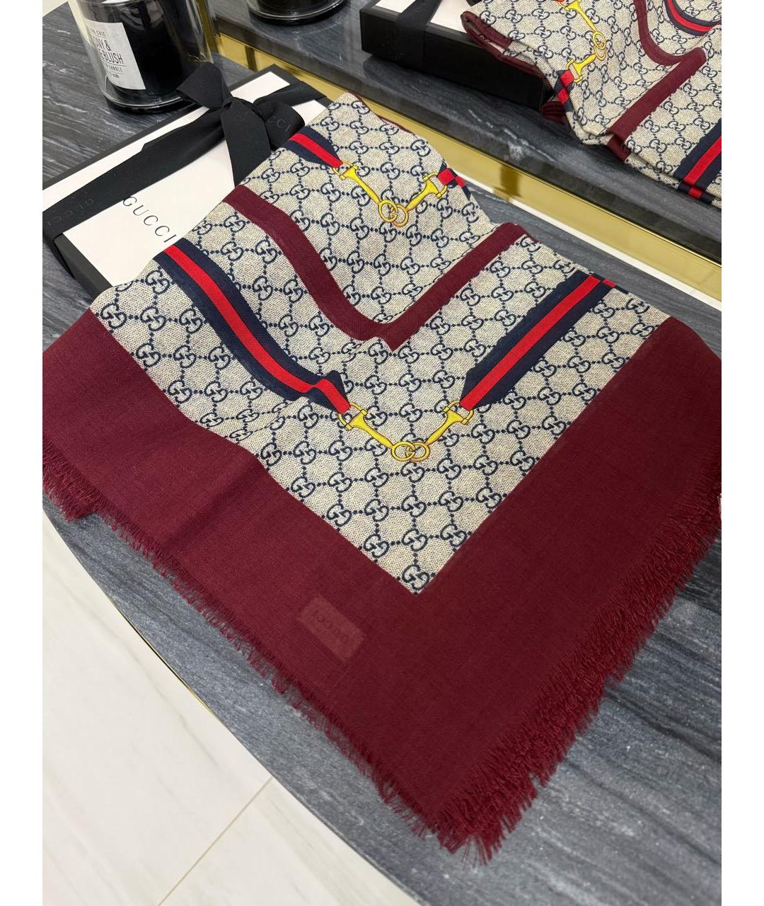 GUCCI Бордовый шерстяной платок, фото 6
