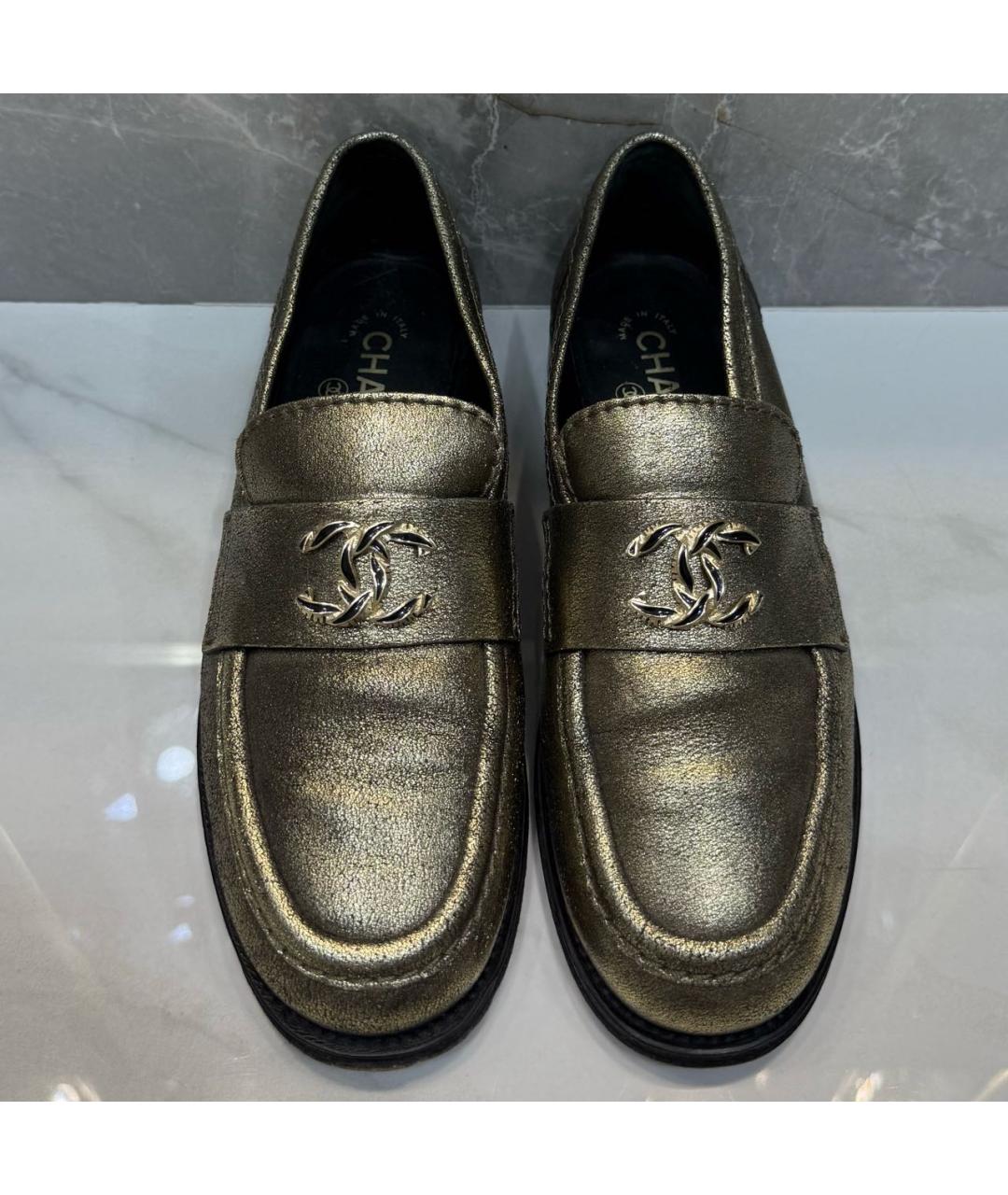 CHANEL Золотые кожаные лоферы, фото 3
