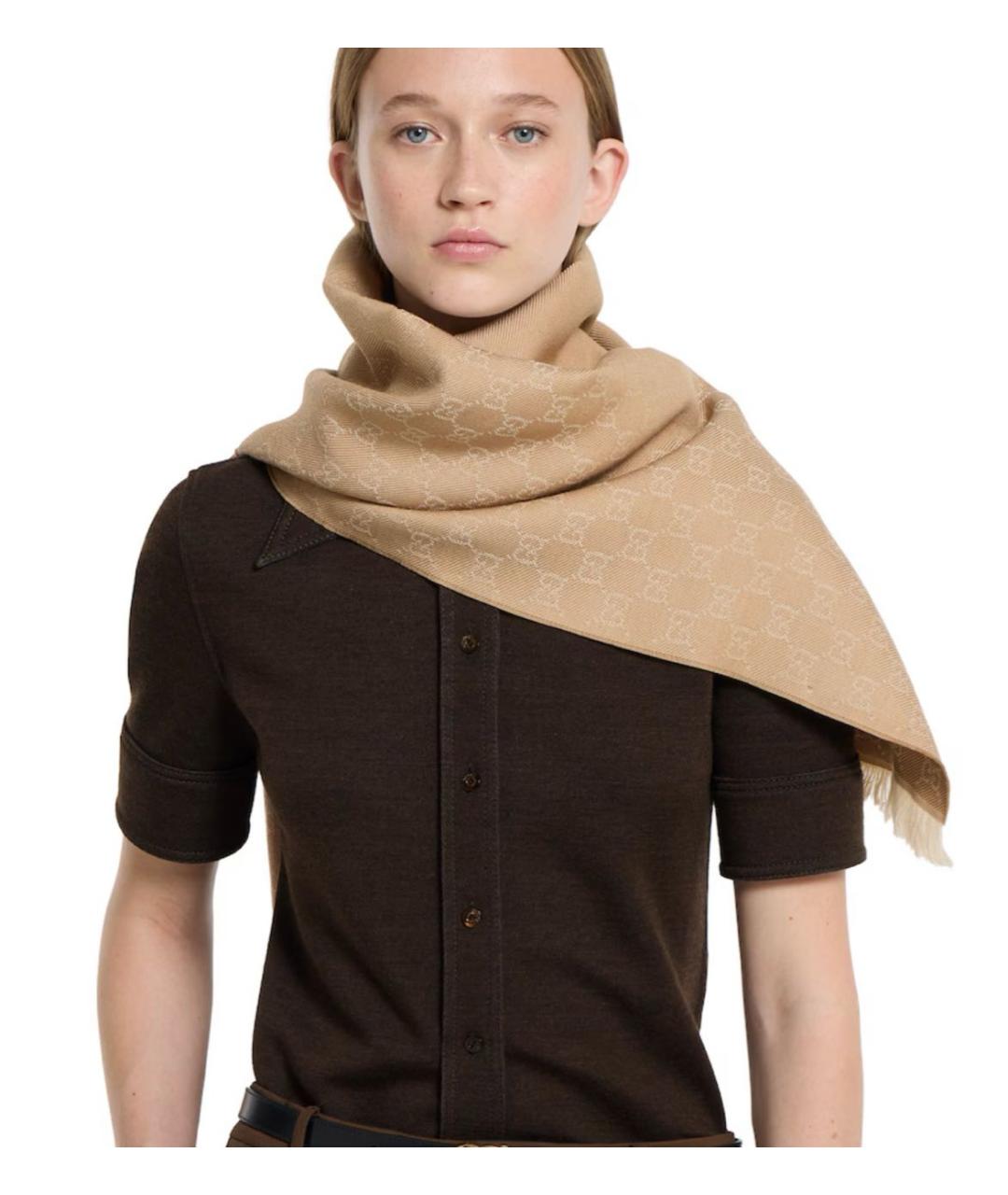 GUCCI Бежевый шерстяной шарф, фото 3