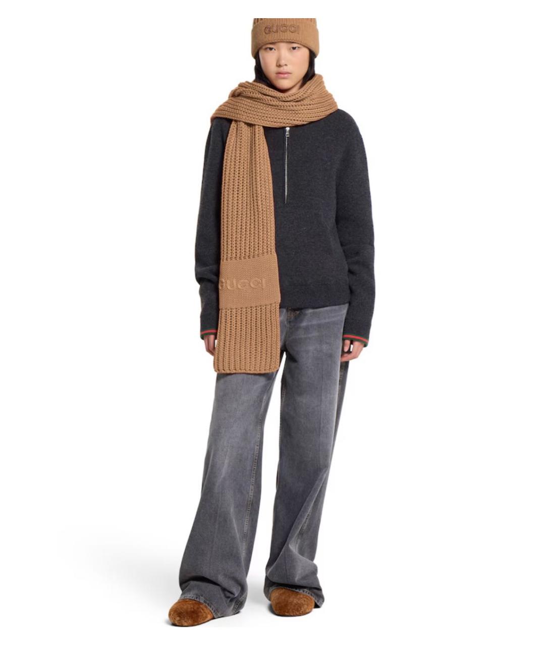 GUCCI Коричневый шерстяной шарф, фото 3