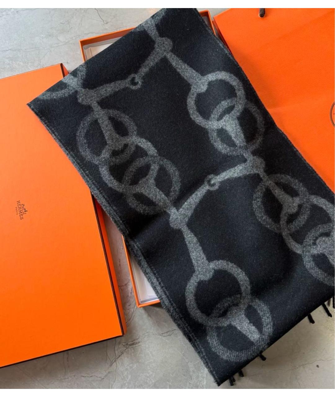 HERMES Черный кашемировый шарф, фото 4