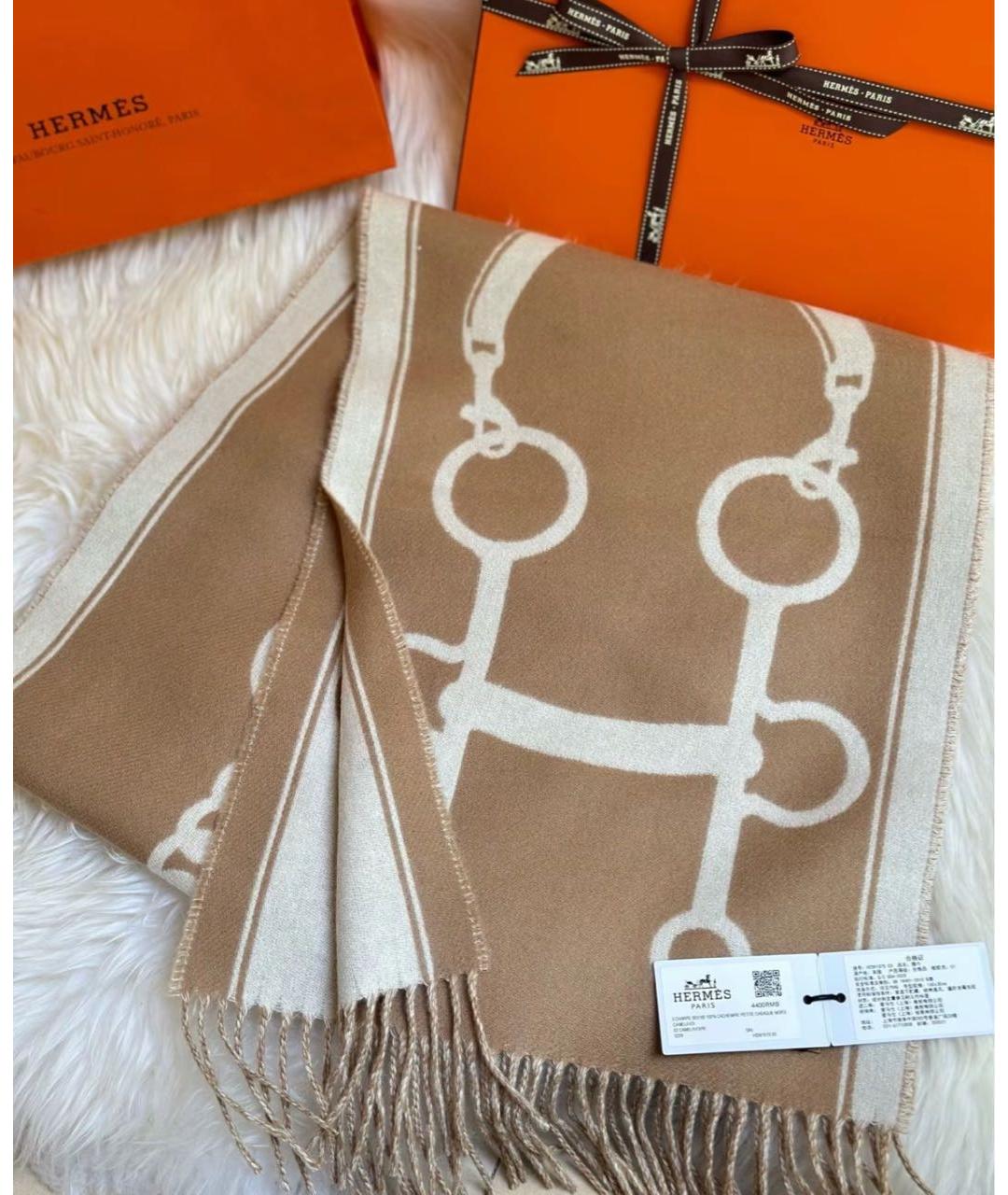HERMES Бежевый кашемировый шарф, фото 4