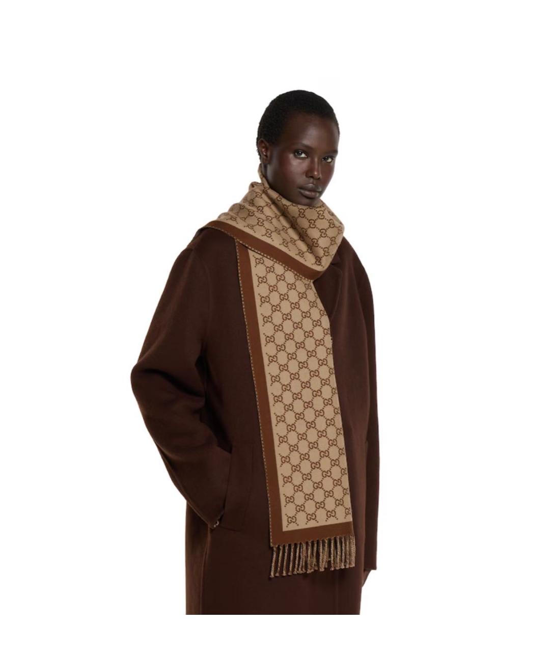 GUCCI Коричневый шерстяной шарф, фото 3