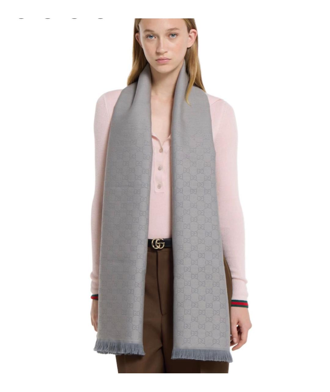 GUCCI Серый шерстяной шарф, фото 3