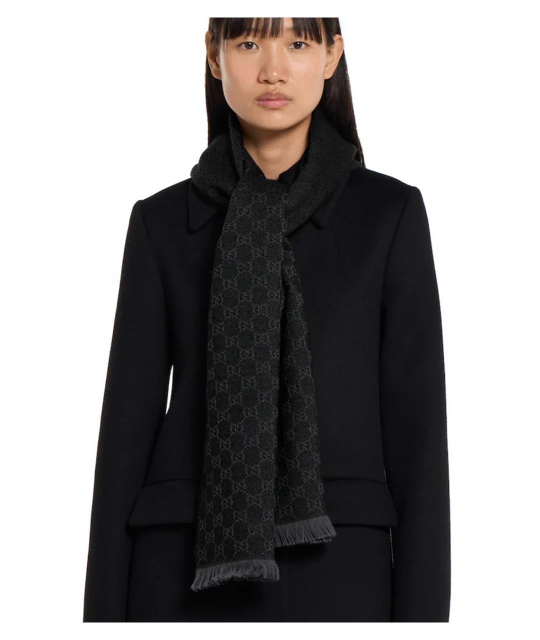 GUCCI Черный шерстяной шарф, фото 3