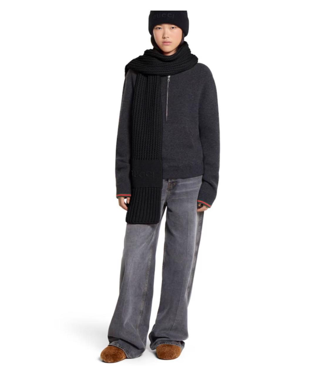 GUCCI Черный шерстяной шарф, фото 3