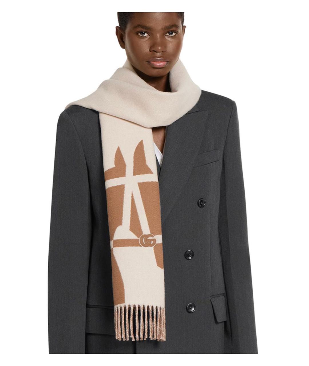 GUCCI Бежевый шерстяной шарф, фото 3