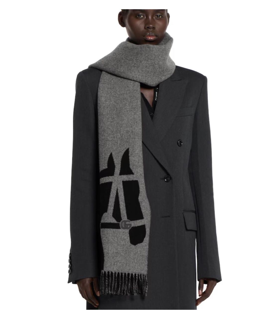 GUCCI Серый шерстяной шарф, фото 3