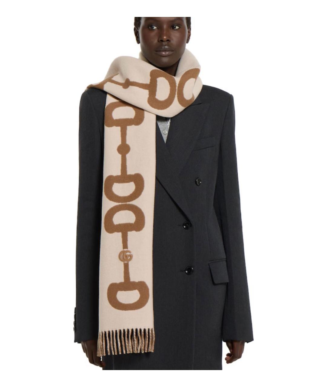 GUCCI Бежевый шерстяной шарф, фото 3