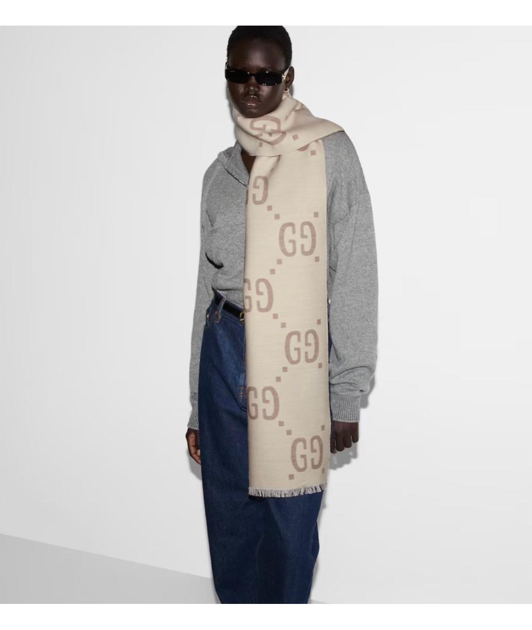 GUCCI Бежевый шерстяной шарф, фото 3